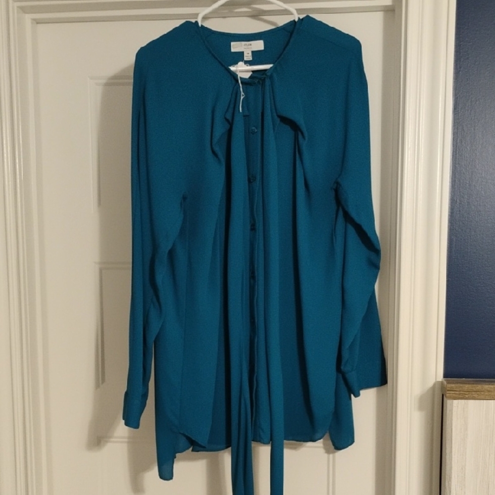 Atlein Collective Teal Blue Long Sleeve Button-Up Blouse Sz 14